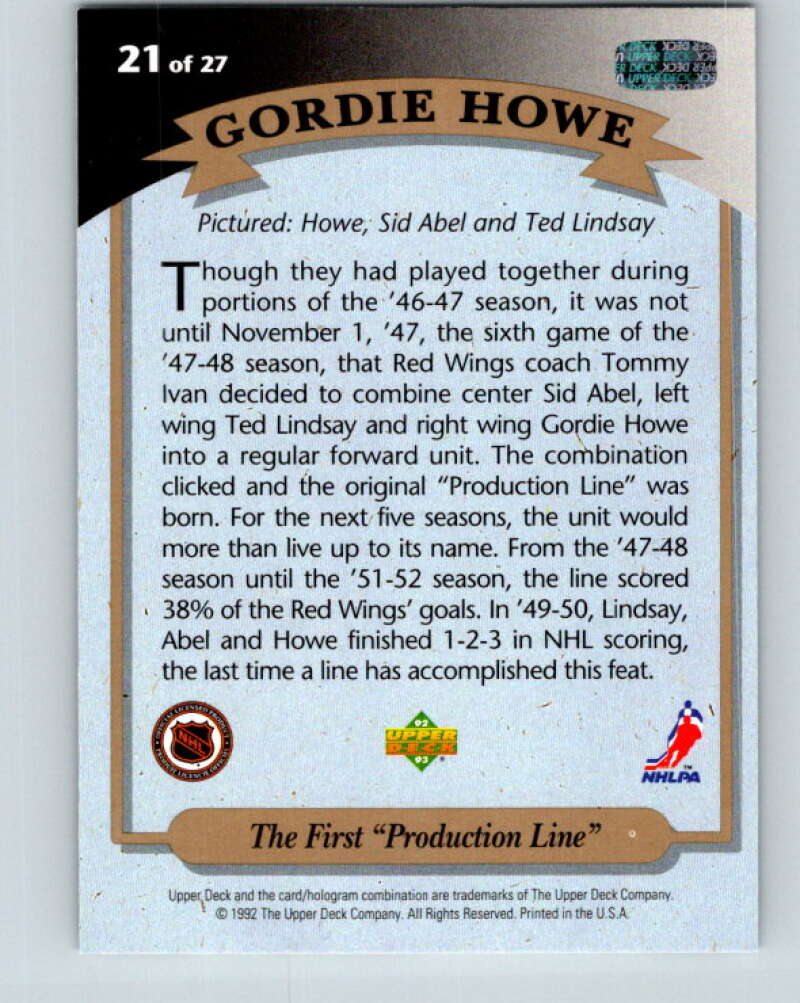1992-93 Upper Deck Gordie Howe Heroes #21 First Production Line V26603