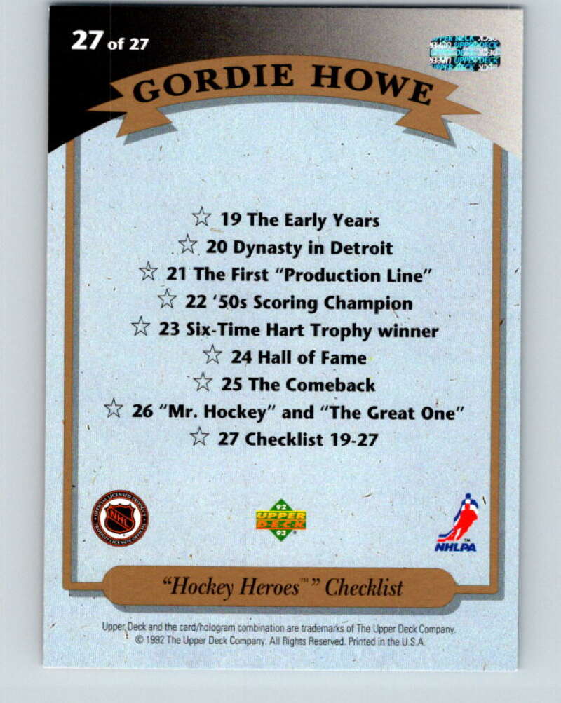 1992-93 Upper Deck Gordie Howe Heroes #27 Checklist V26620