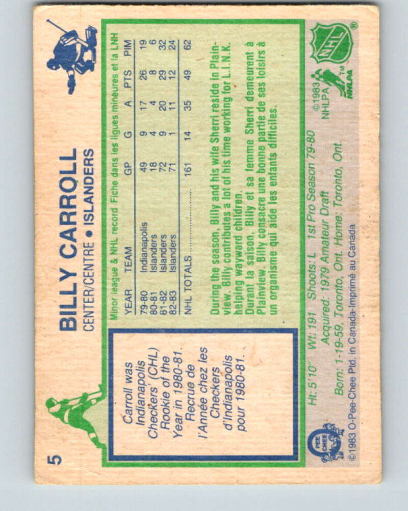 1983-84 O-Pee-Chee #5 Billy Carroll RC Rookie Islanders V26688