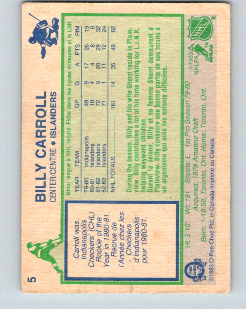 1983-84 O-Pee-Chee #5 Billy Carroll RC Rookie Islanders V26689