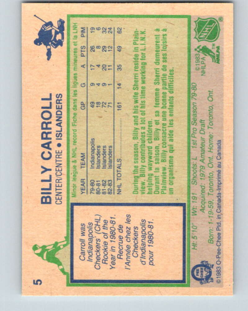 1983-84 O-Pee-Chee #5 Billy Carroll RC Rookie Islanders V26690