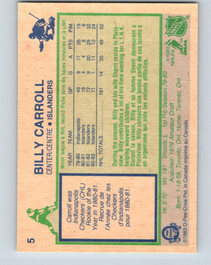 1983-84 O-Pee-Chee #5 Billy Carroll RC Rookie Islanders V26691