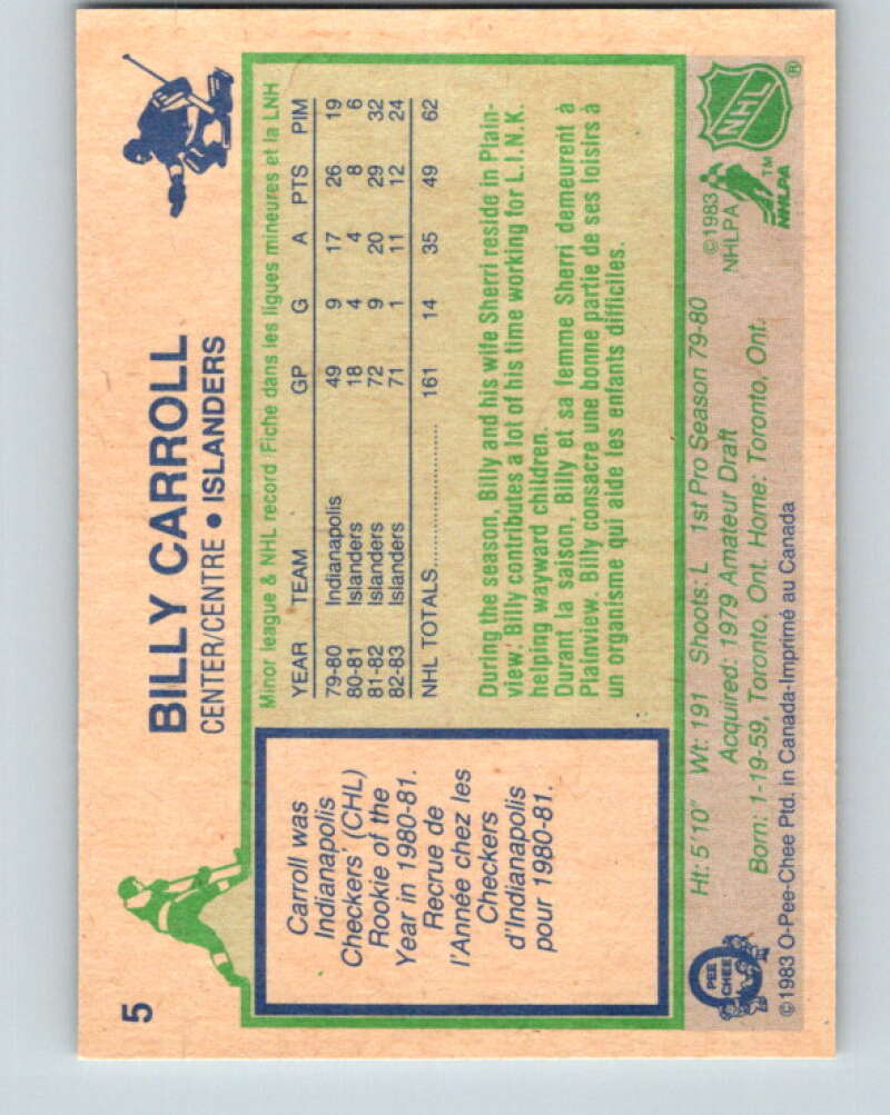 1983-84 O-Pee-Chee #5 Billy Carroll RC Rookie Islanders V26692