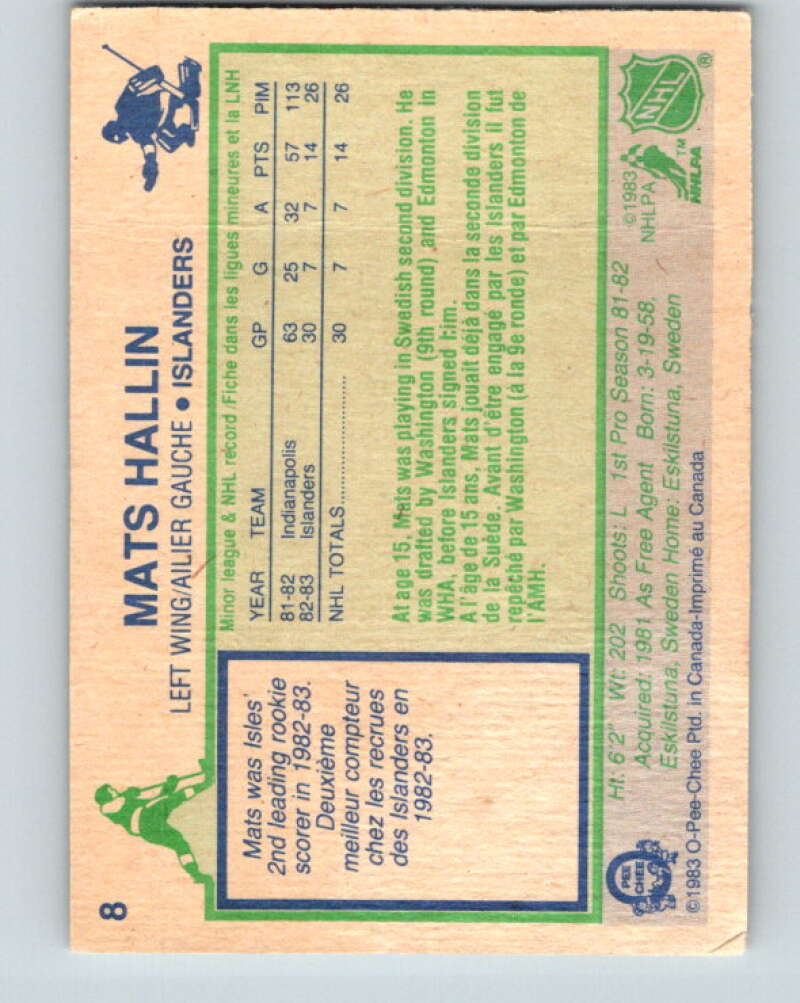 1983-84 O-Pee-Chee #8 Mats Hallin RC Rookie Islanders V26698