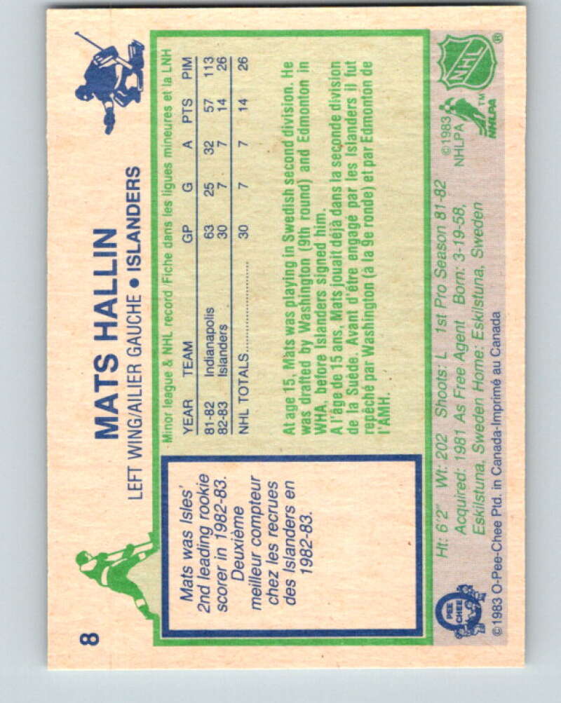 1983-84 O-Pee-Chee #8 Mats Hallin RC Rookie Islanders V26699