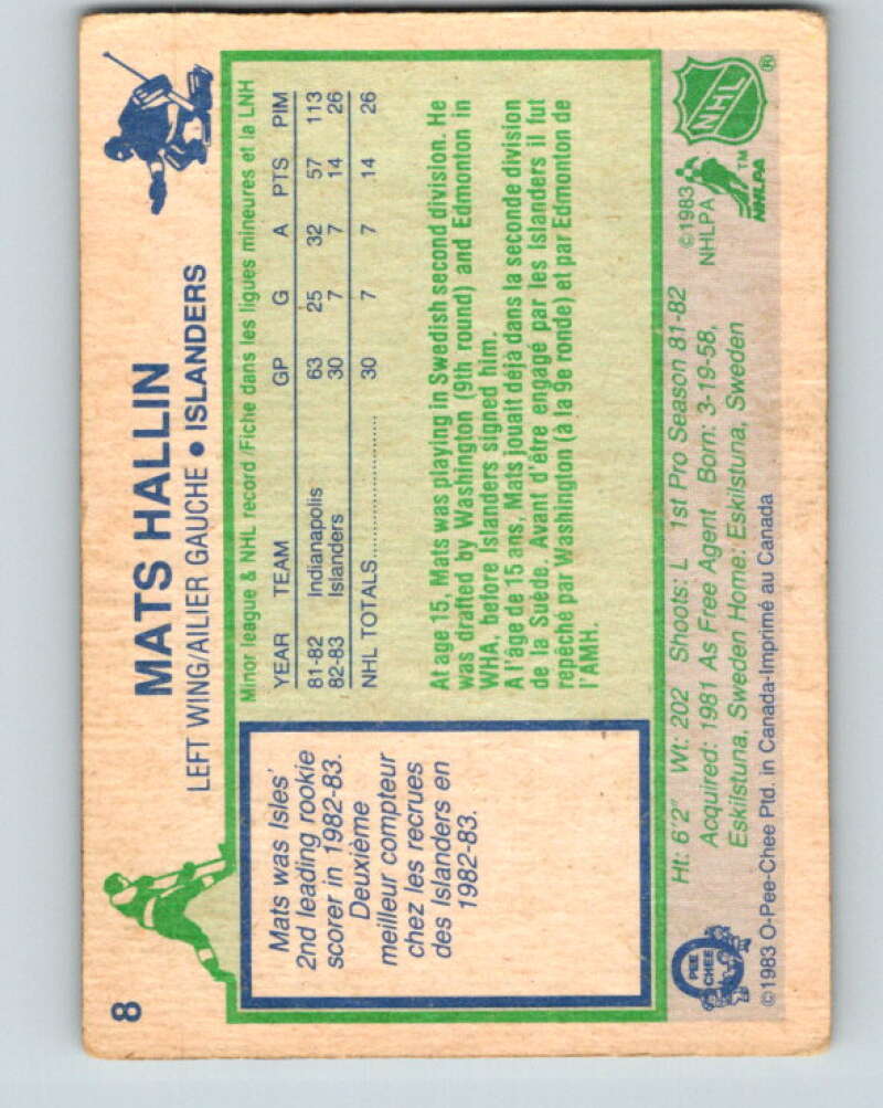 1983-84 O-Pee-Chee #8 Mats Hallin RC Rookie Islanders V26700