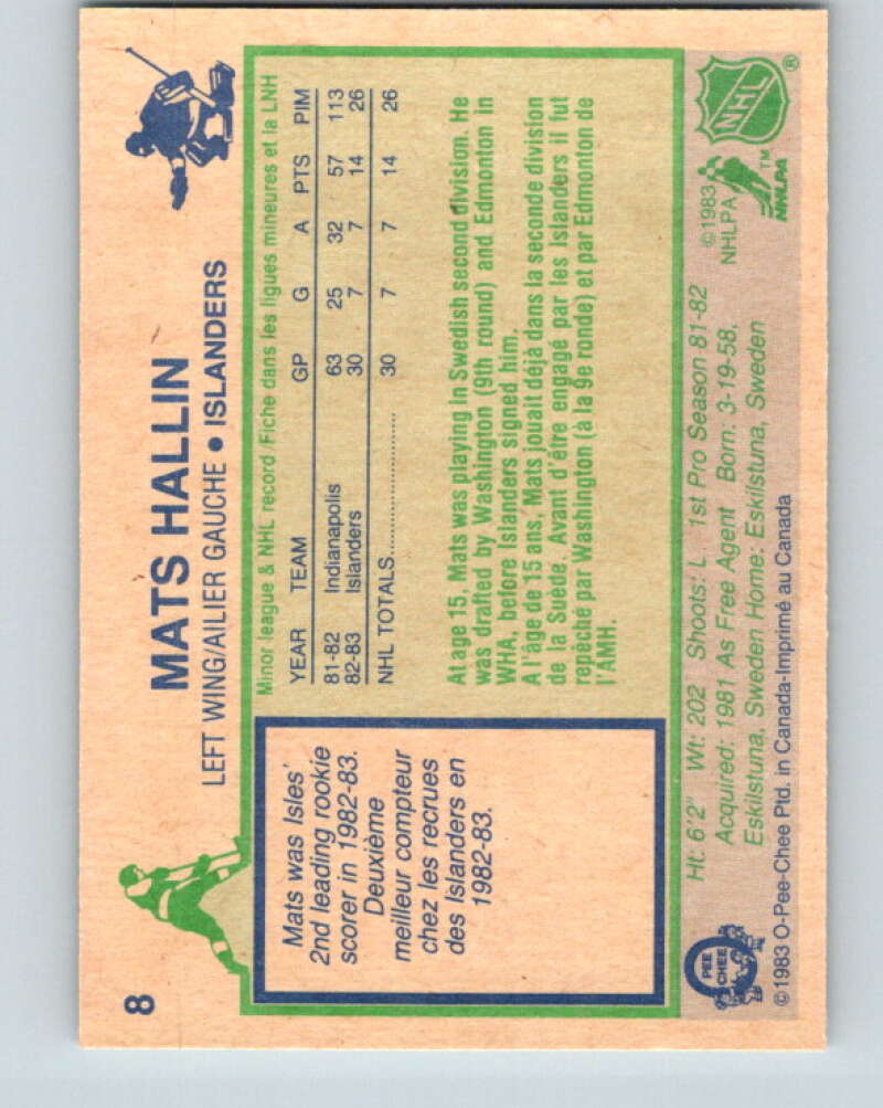 1983-84 O-Pee-Chee #8 Mats Hallin RC Rookie Islanders V26701