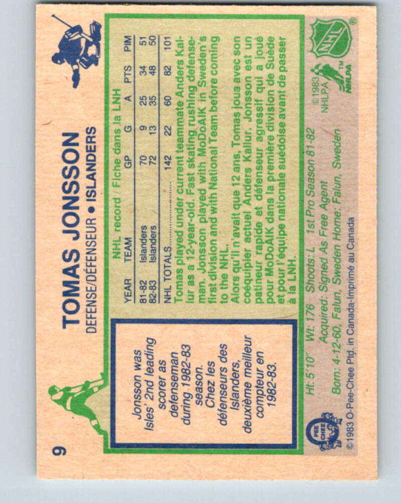 1983-84 O-Pee-Chee #9 Tomas Jonsson New York Islanders V26707