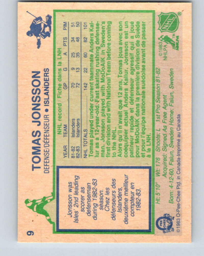 1983-84 O-Pee-Chee #9 Tomas Jonsson New York Islanders V26709