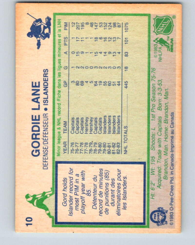 1983-84 O-Pee-Chee #10 Gord Lane New York Islanders V26710