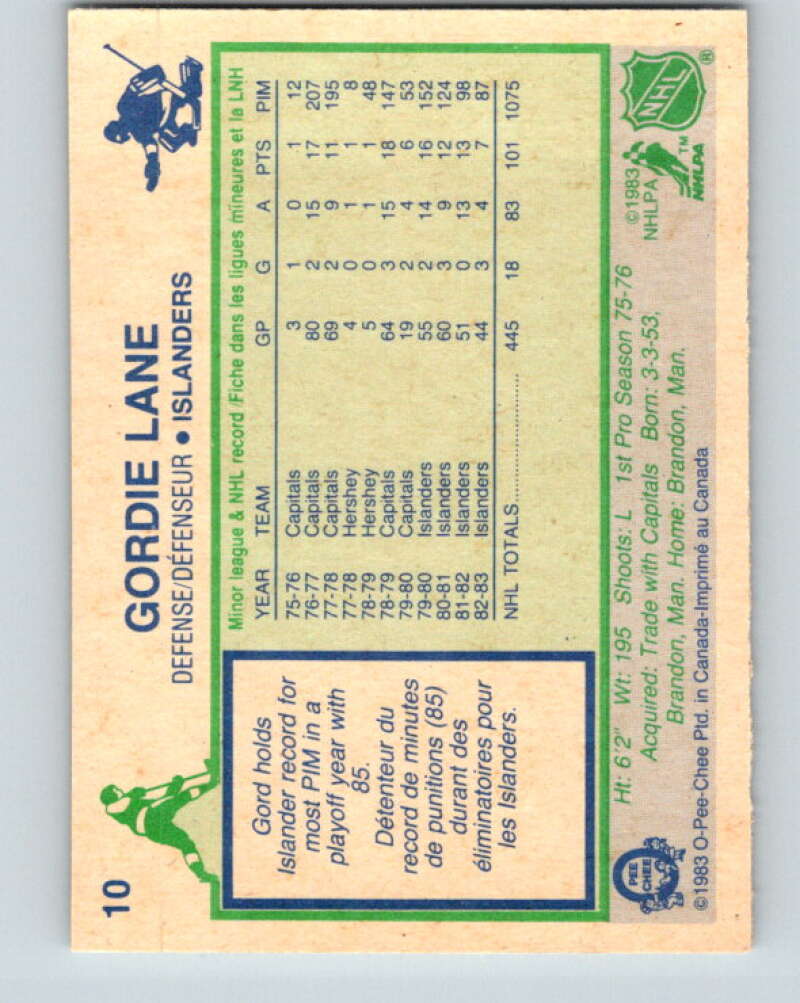 1983-84 O-Pee-Chee #10 Gord Lane New York Islanders V26712
