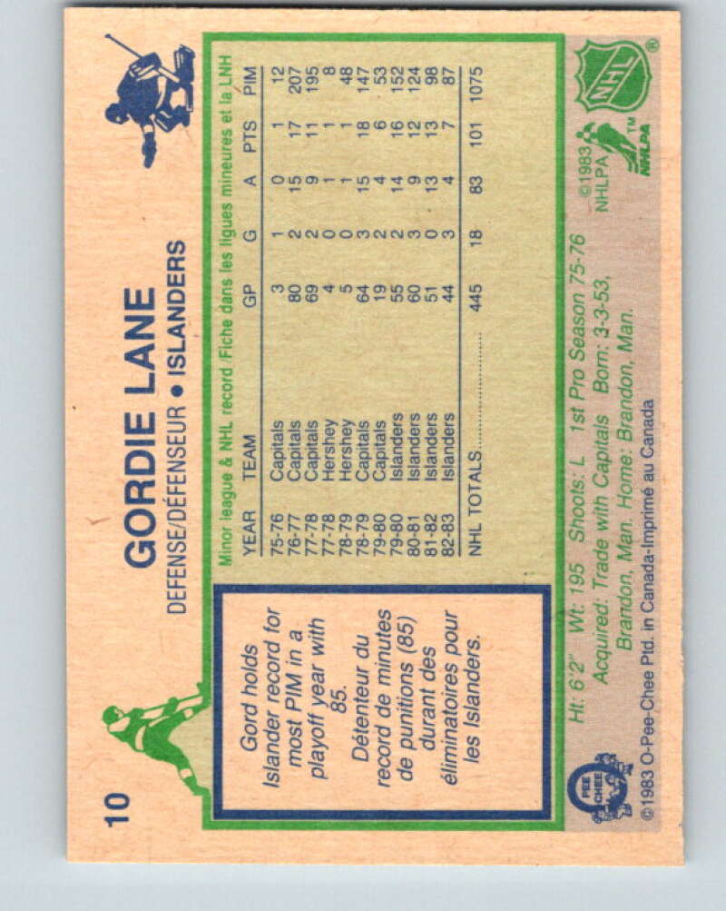 1983-84 O-Pee-Chee #10 Gord Lane New York Islanders V26715