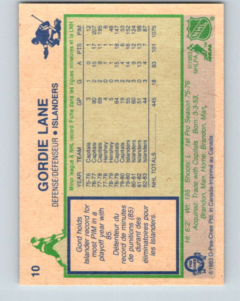 1983-84 O-Pee-Chee #10 Gord Lane New York Islanders V26716