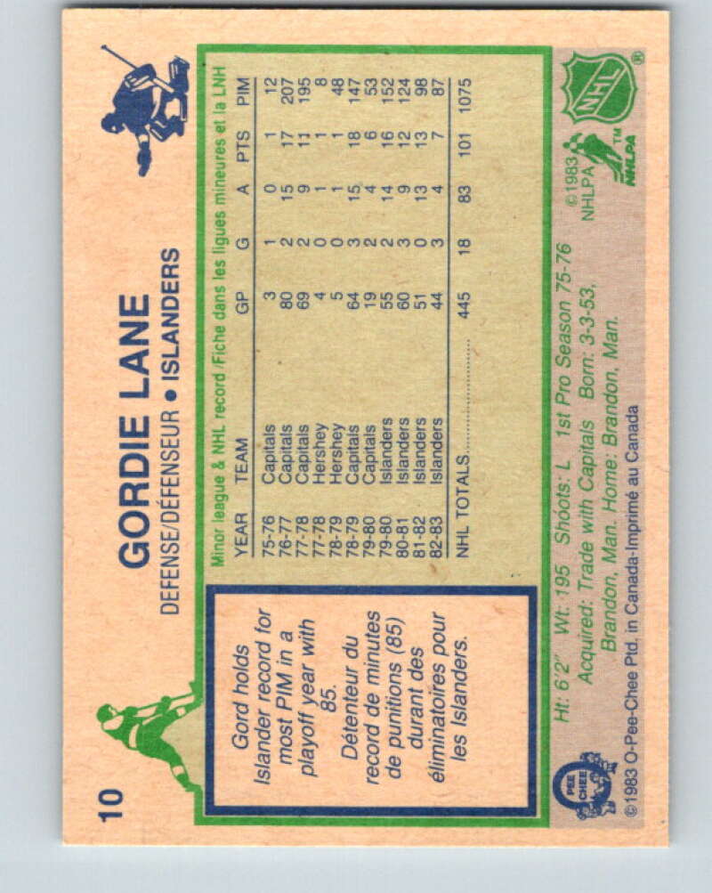 1983-84 O-Pee-Chee #10 Gord Lane New York Islanders V26717