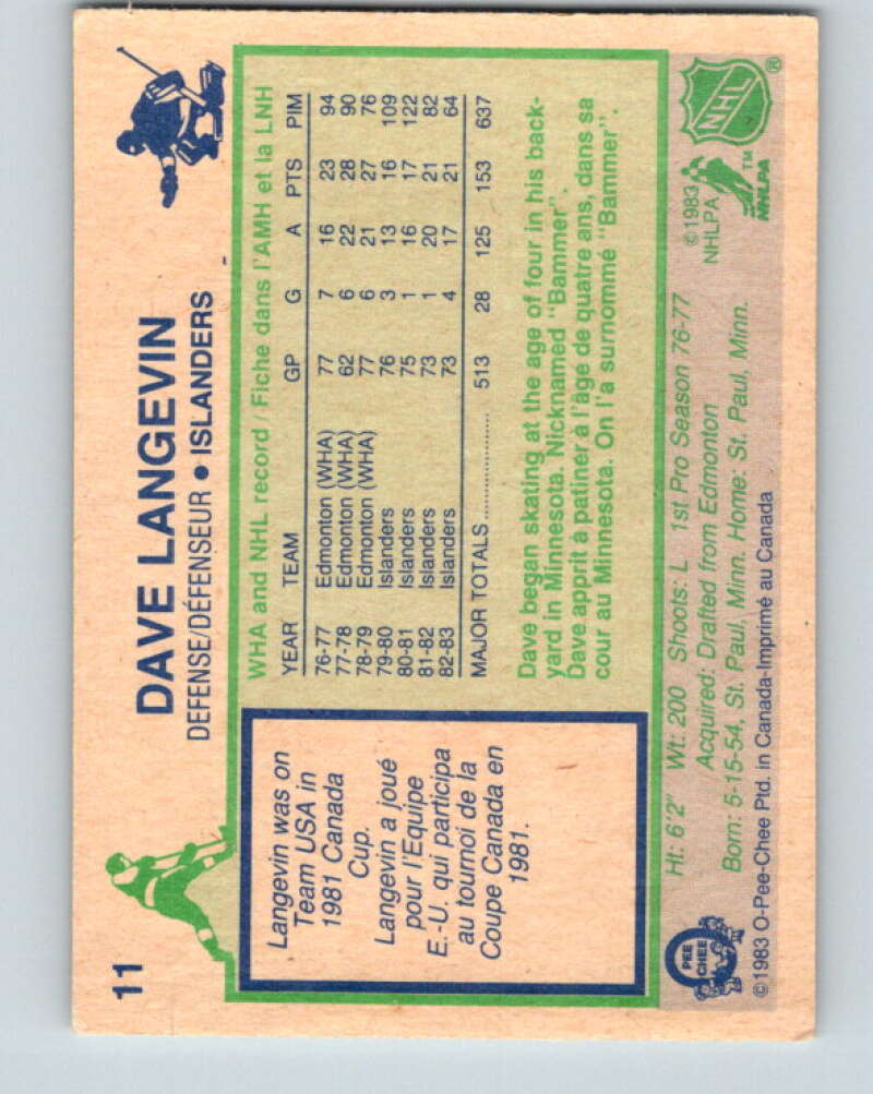1983-84 O-Pee-Chee #11 Dave Langevin New York Islanders V26718