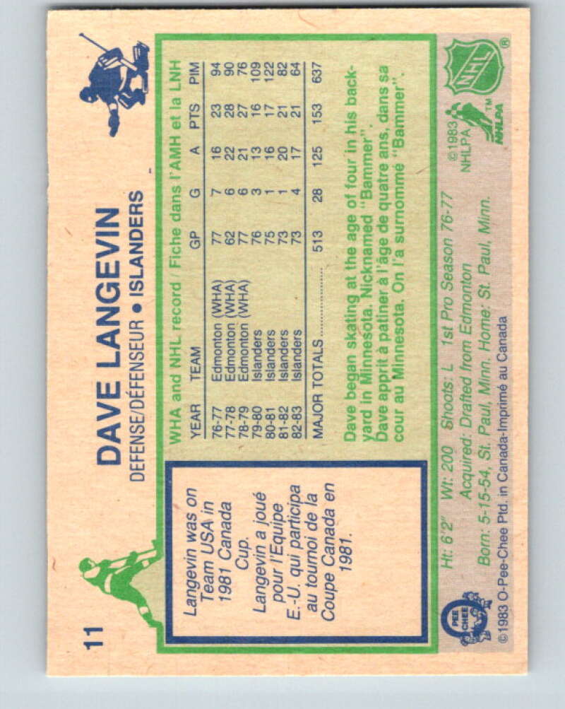 1983-84 O-Pee-Chee #11 Dave Langevin New York Islanders V26719