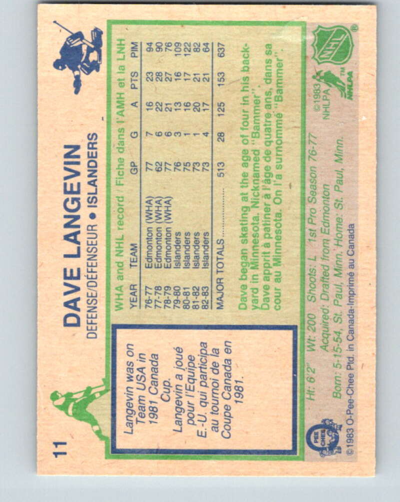 1983-84 O-Pee-Chee #11 Dave Langevin New York Islanders V26720