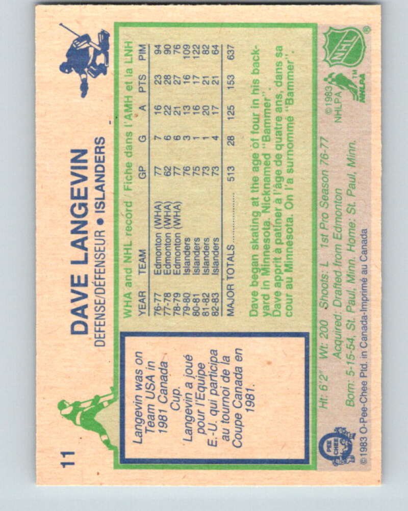 1983-84 O-Pee-Chee #11 Dave Langevin New York Islanders V26721