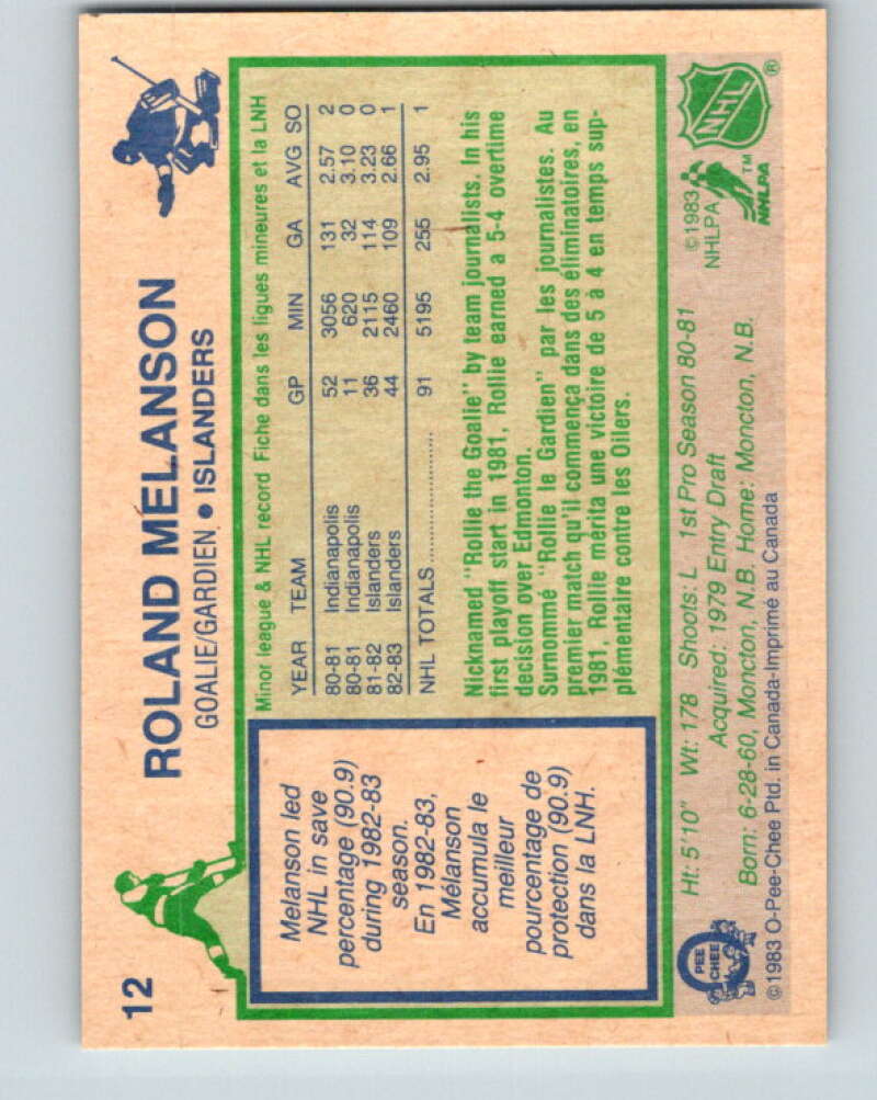 1983-84 O-Pee-Chee #12 Rollie Melanson RC Rookie Islanders V26722