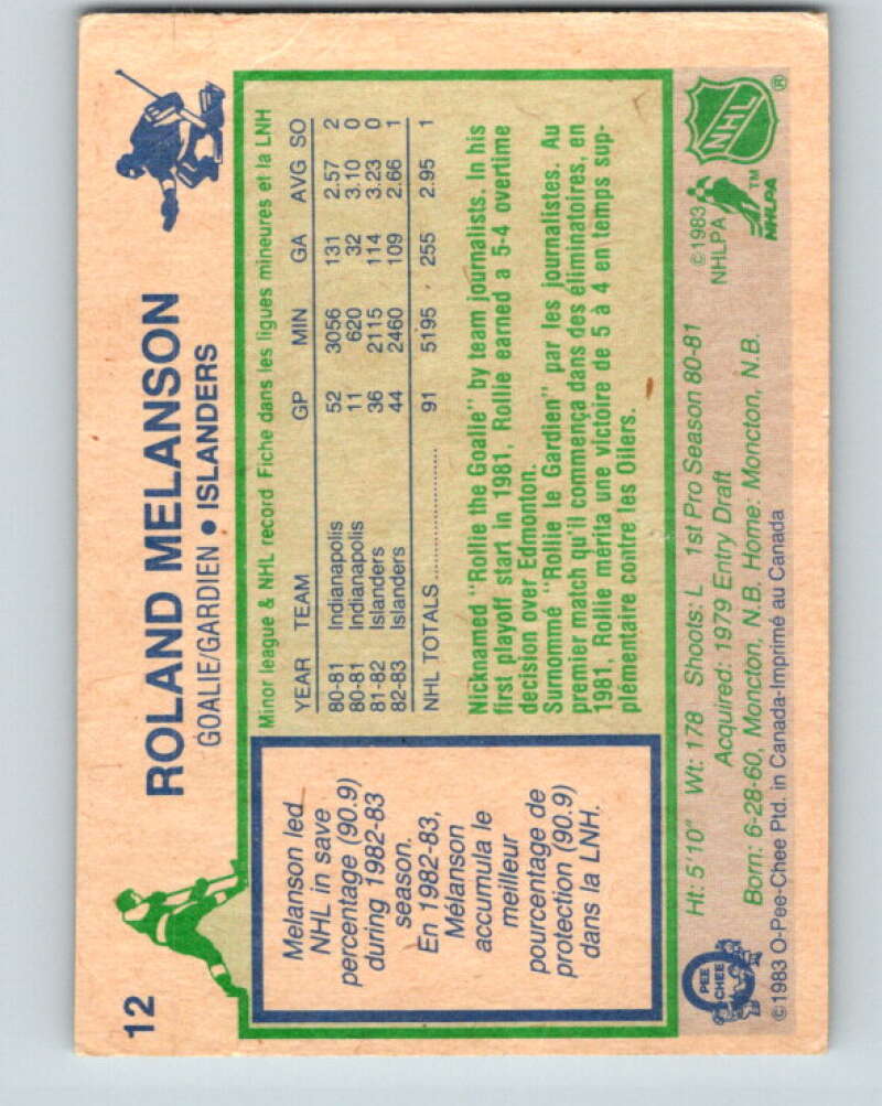 1983-84 O-Pee-Chee #12 Rollie Melanson RC Rookie Islanders V26723