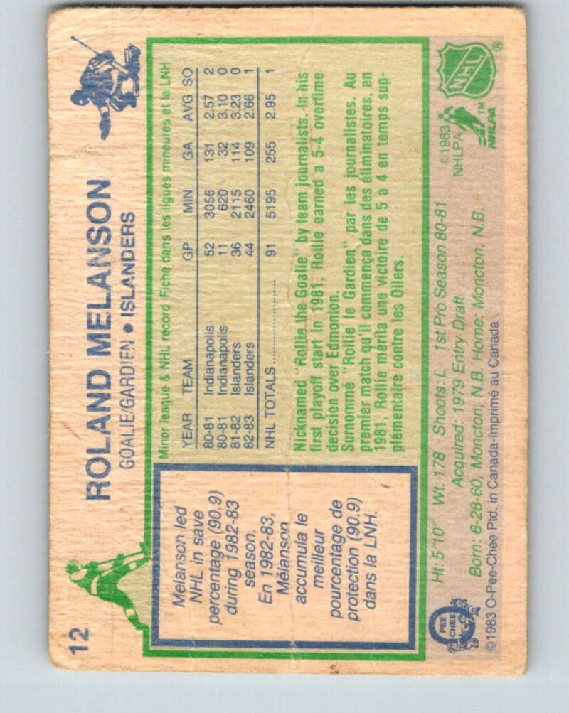 1983-84 O-Pee-Chee #12 Rollie Melanson RC Rookie Islanders V26724