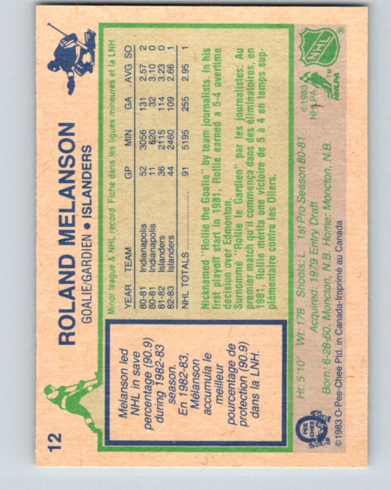 1983-84 O-Pee-Chee #12 Rollie Melanson RC Rookie Islanders V26725