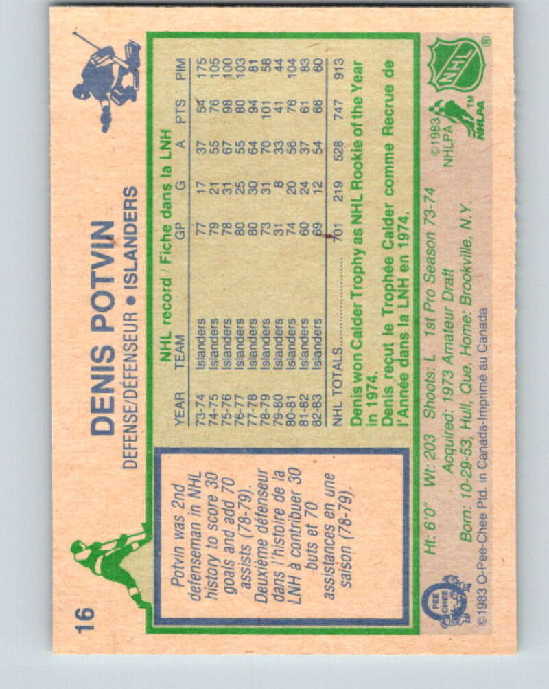 1983-84 O-Pee-Chee #16 Denis Potvin New York Islanders V26738