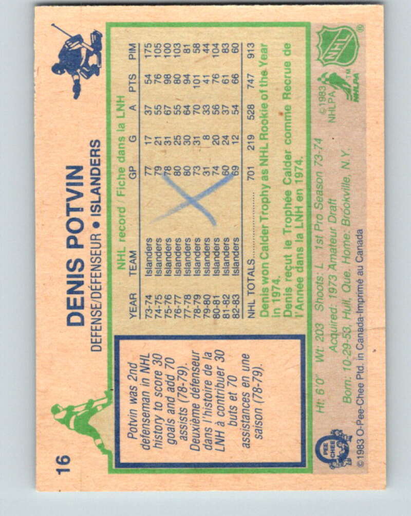 1983-84 O-Pee-Chee #16 Denis Potvin New York Islanders V26739