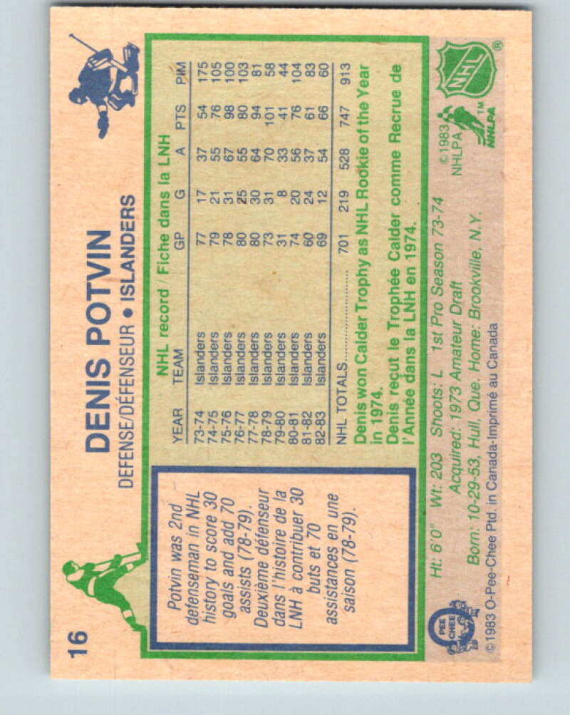1983-84 O-Pee-Chee #16 Denis Potvin New York Islanders V26740