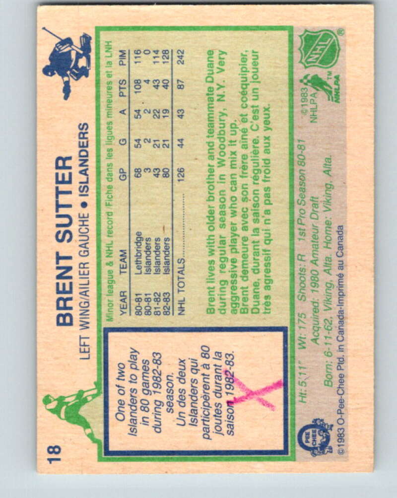 1983-84 O-Pee-Chee #18 Brent Sutter New York Islanders V26748