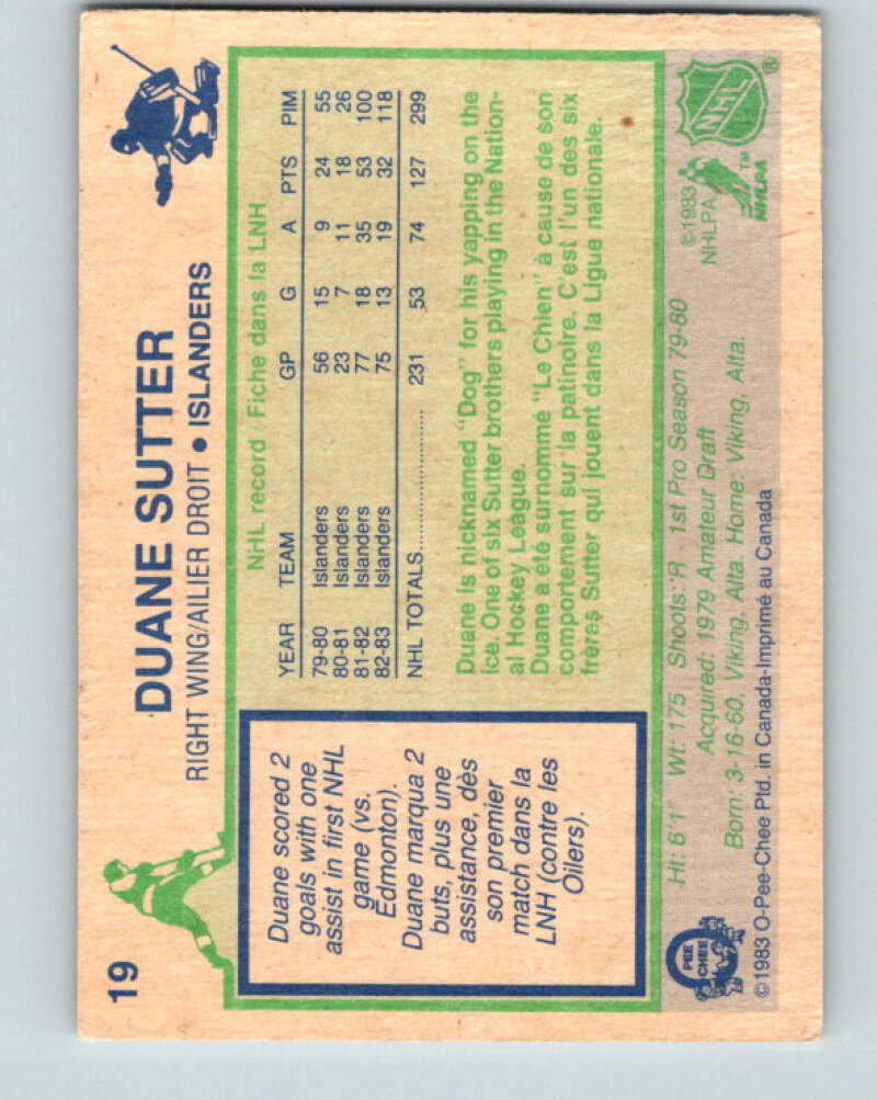 1983-84 O-Pee-Chee #19 Duane Sutter New York Islanders V26750