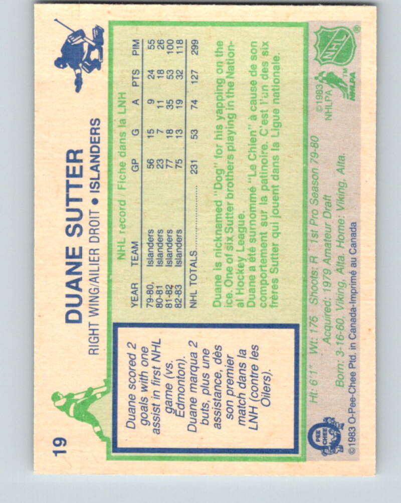 1983-84 O-Pee-Chee #19 Duane Sutter New York Islanders V26751