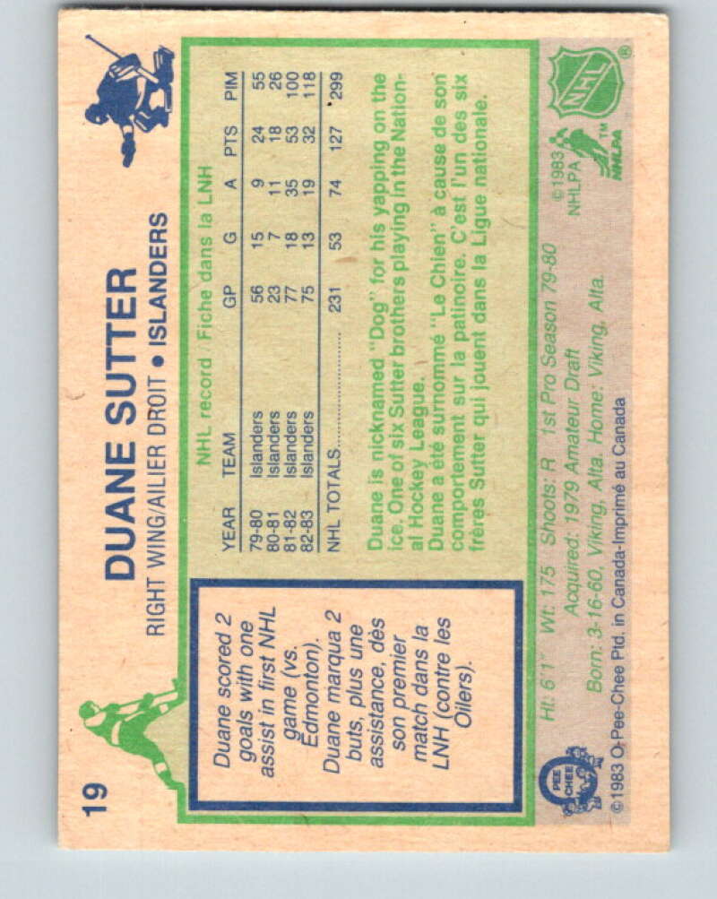 1983-84 O-Pee-Chee #19 Duane Sutter New York Islanders V26752