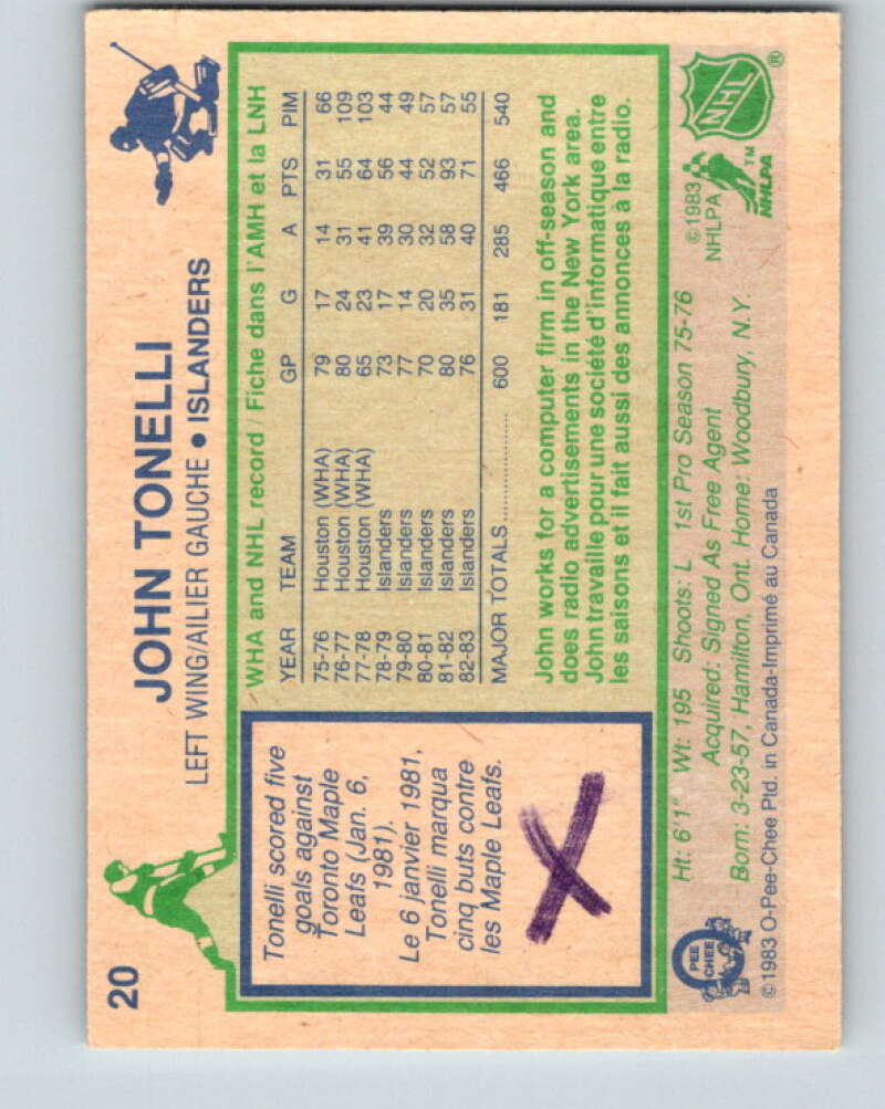 1983-84 O-Pee-Chee #20 John Tonelli New York Islanders V26753