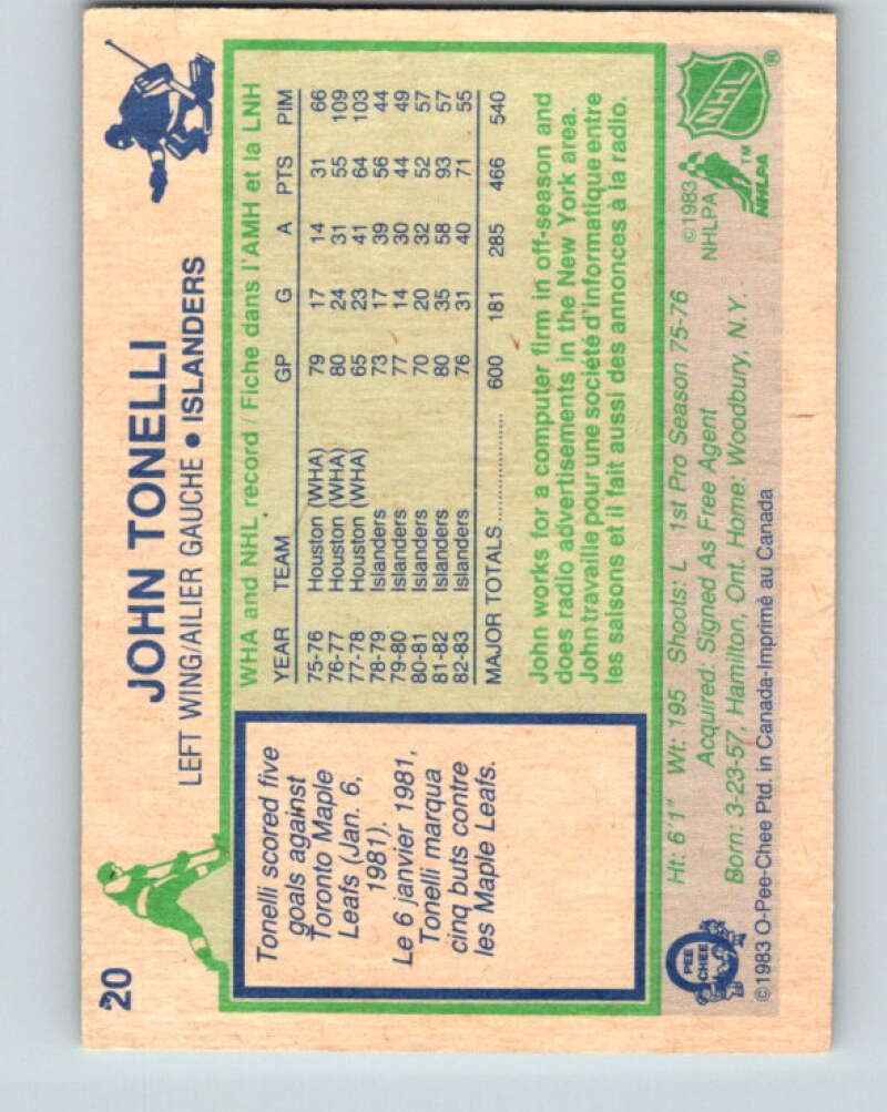 1983-84 O-Pee-Chee #20 John Tonelli New York Islanders V26754