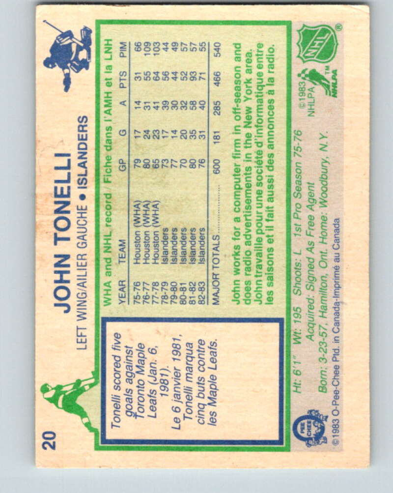 1983-84 O-Pee-Chee #20 John Tonelli New York Islanders V26755