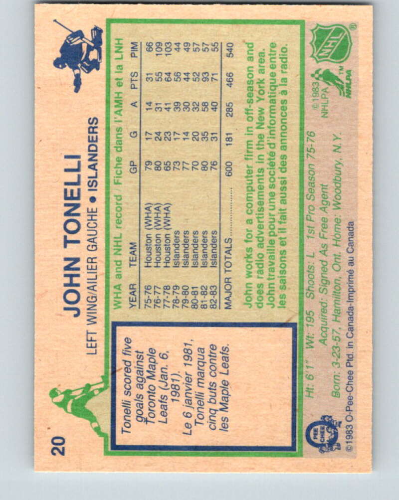 1983-84 O-Pee-Chee #20 John Tonelli New York Islanders V26757