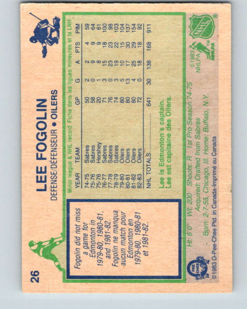 1983-84 O-Pee-Chee #26 Lee Fogolin Edmonton Oilers V26762