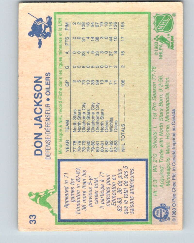 1983-84 O-Pee-Chee #33 Don Jackson RC Rookie Oilers V26786