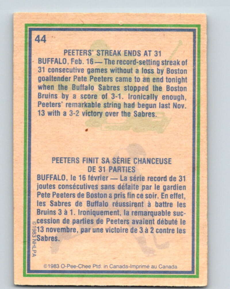 1983-84 O-Pee-Chee #44 Pete Peeters HL Chicago Blackhawks V26826