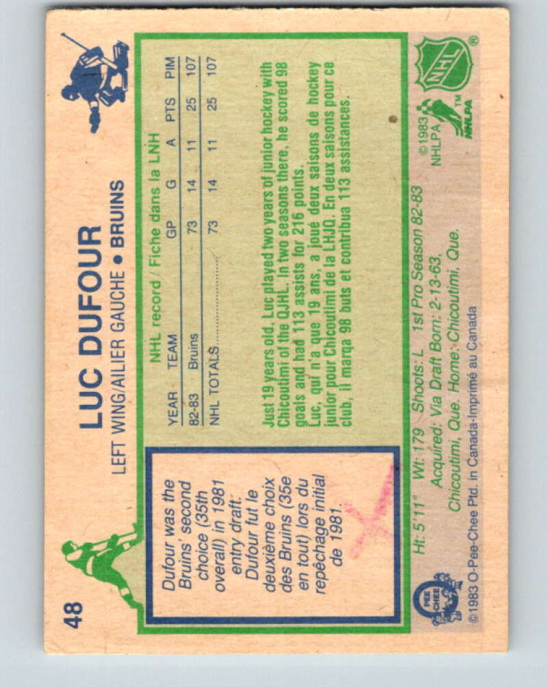 1983-84 O-Pee-Chee #48 Luc Dufour RC Rookie Boston Bruins V26839
