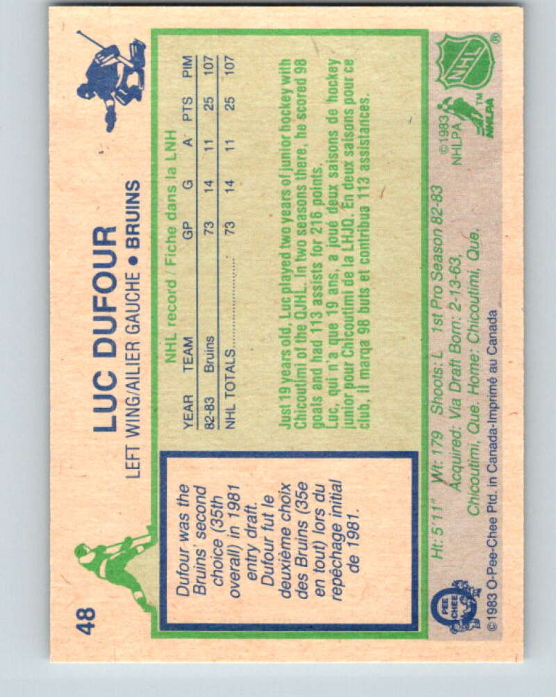 1983-84 O-Pee-Chee #48 Luc Dufour RC Rookie Boston Bruins V26840