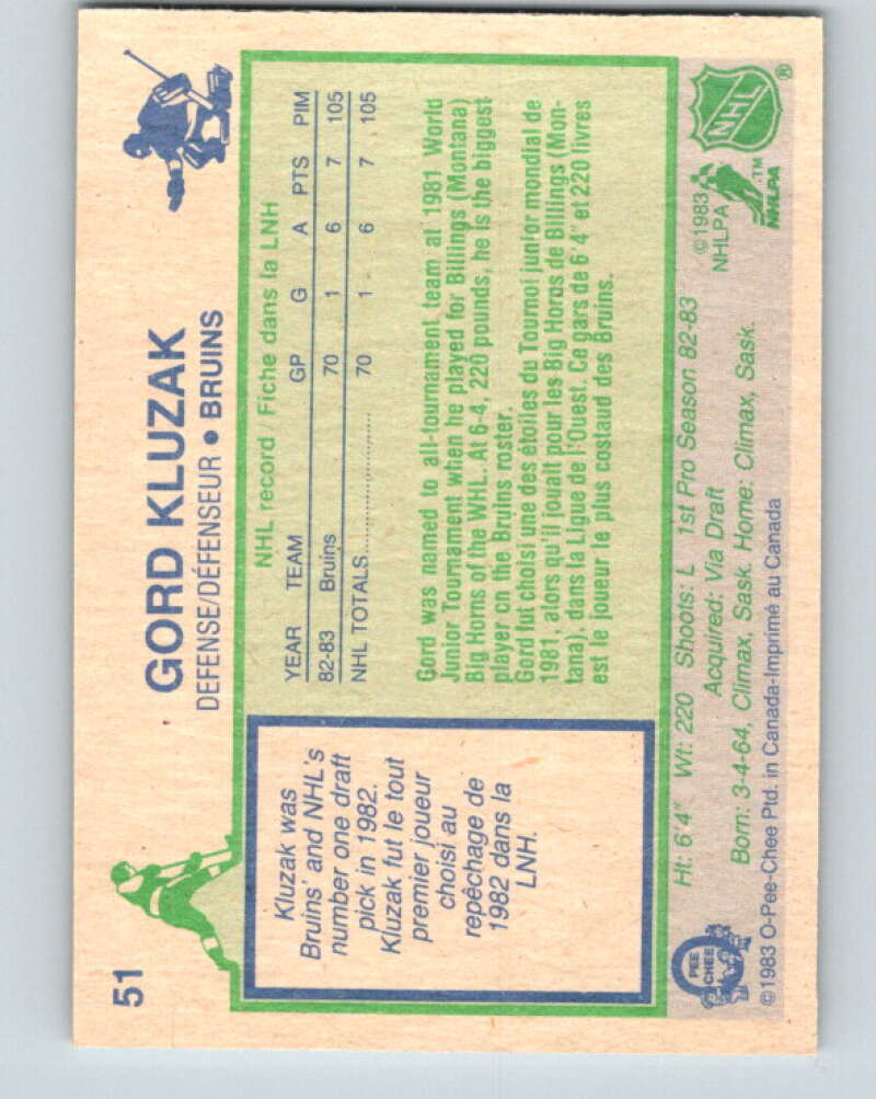 1983-84 O-Pee-Chee #51 Gord Kluzak RC Rookie Boston Bruins V26852