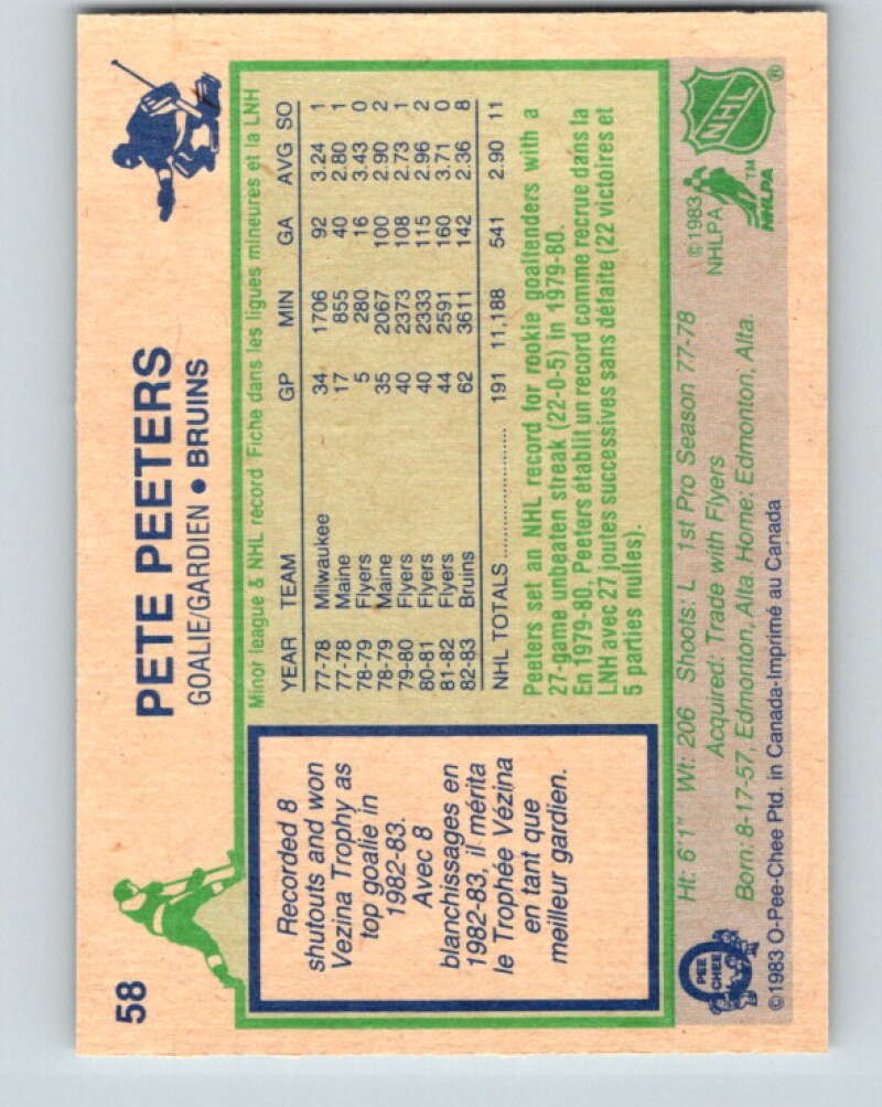 1983-84 O-Pee-Chee #58 Pete Peeters Boston Bruins V26878