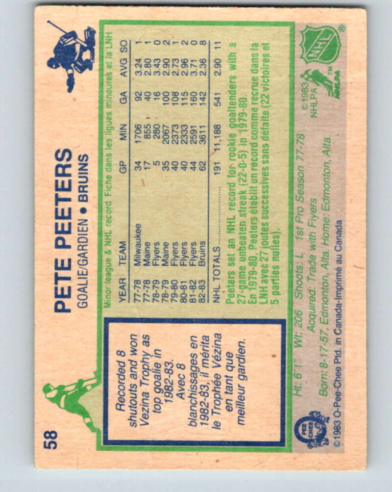 1983-84 O-Pee-Chee #58 Pete Peeters Boston Bruins V26879