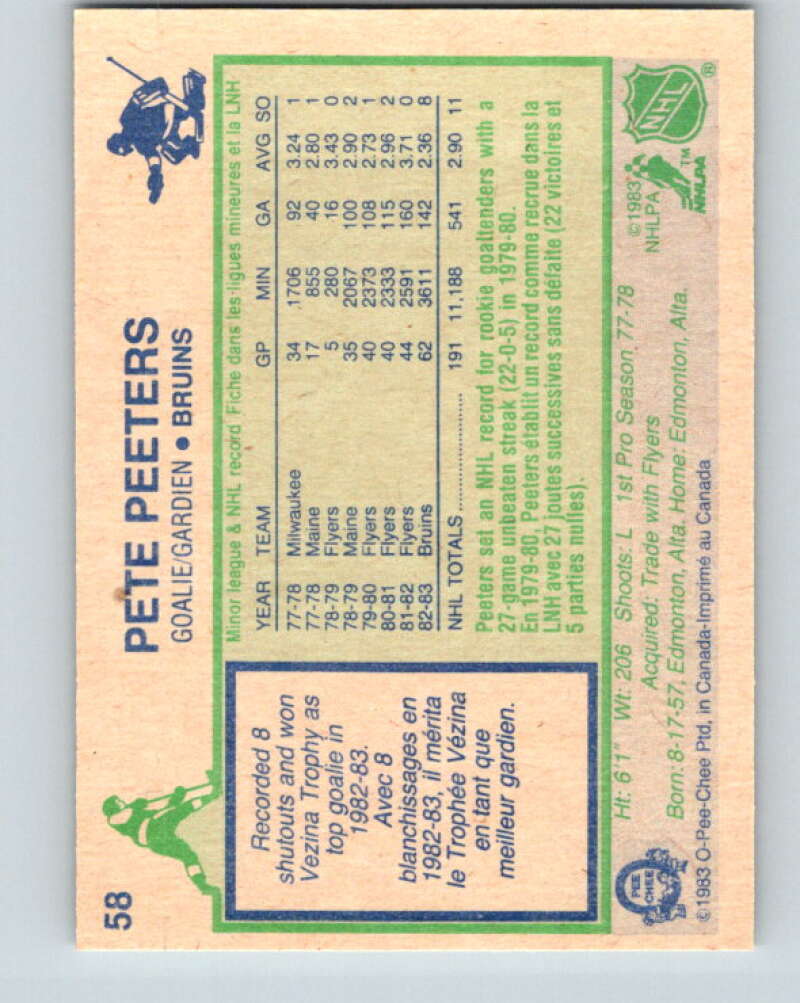 1983-84 O-Pee-Chee #58 Pete Peeters Boston Bruins V26881