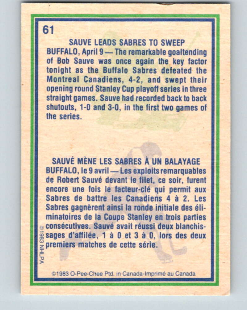 1983-84 O-Pee-Chee #61 Bob Sauve HL Buffalo Sabres V26889
