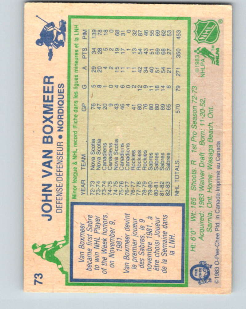 1983-84 O-Pee-Chee #73 John Van Boxmeer Quebec Nordiques V26944