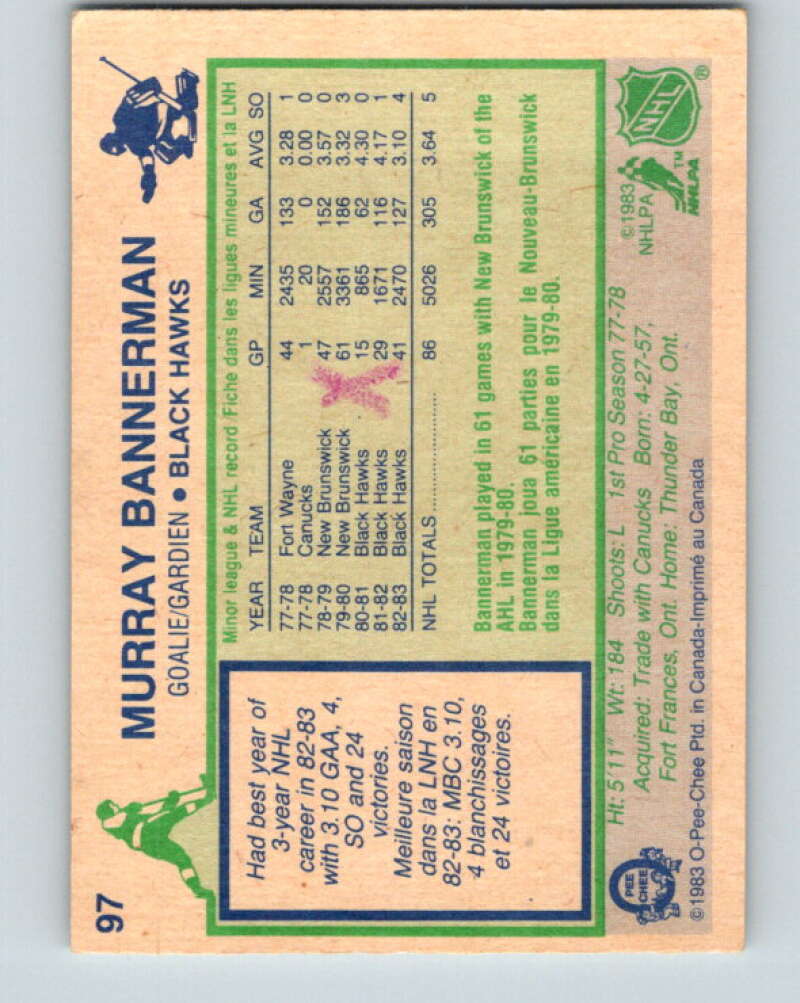 1983-84 O-Pee-Chee #97 Murray Bannerman Chicago Blackhawks V27015