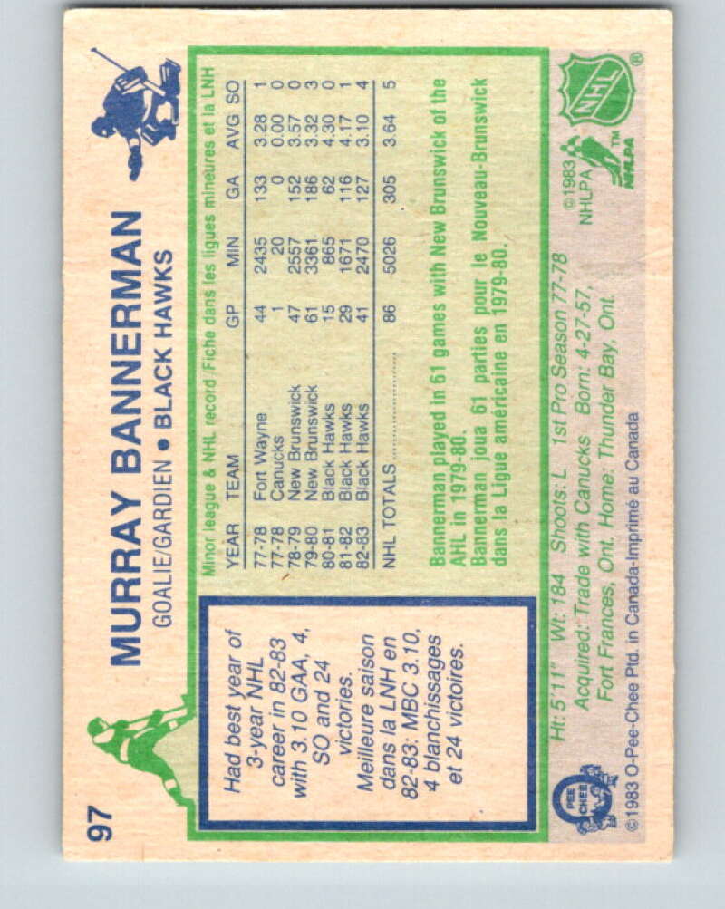 1983-84 O-Pee-Chee #97 Murray Bannerman Chicago Blackhawks V27016